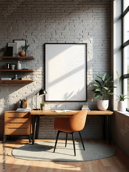 Obraz Modern Loft Style Poster Mockup in Home Office Interior - 3D Render of Stylish Workspace with Customizable Wall Art, Contemporary Design, and Cozy Atmosphere for Creative Professionals