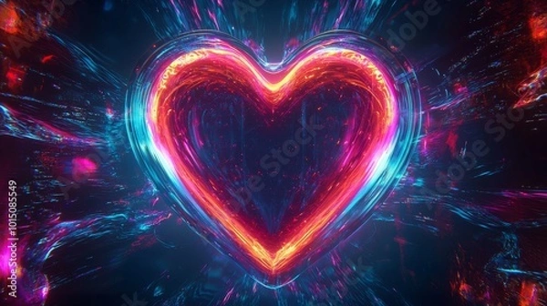 Fototapeta A vibrant, glowing heart shape radiates colorful light in a dark, abstract background, symbolizing love and energy.