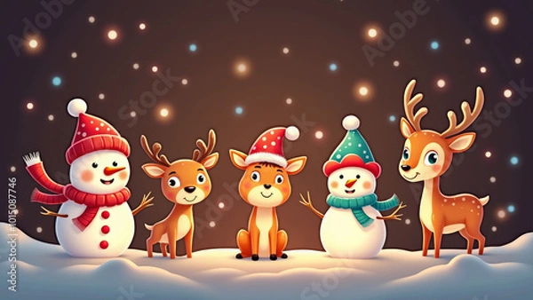 Obraz Snowmen and reindeer in festive hats on a snowy winter night
