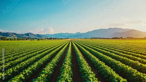 Fototapeta Lush green fields of crops stretch across the valley under a bright blue sky in mid-afternoon sunlight