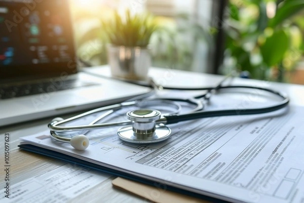 Fototapeta Stethoscope and Medical Documents on Desk