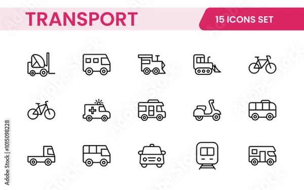 Fototapeta Transport icon set. Containing distribution, shipping, transportation, delivery, cargo, freight, route planning, supply chain, export and import icons. Solid icon collection.