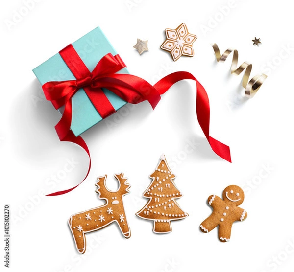 Fototapeta Christmas gift box Design elements with real soft transparent shadow. Christmas design elements; red ribbon bow and golden confetti, flat lay, clipping path, PNG