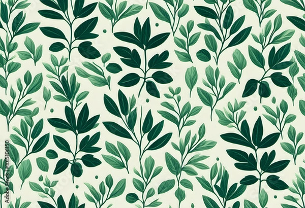 Fototapeta A seamless pattern featuring various green leaves on a light background. The design showcases a variety of leaf shapes and sizes, creating a lush and vibrant botanical theme.