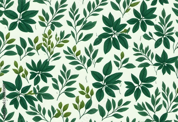 Fototapeta A seamless pattern featuring various green leaves on a light background. The design showcases a variety of leaf shapes and sizes, creating a lush and vibrant botanical theme.