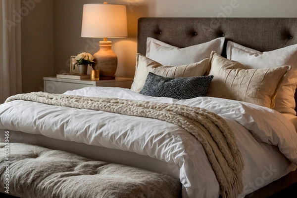 Obraz cosy, modern bedroom with stylish bed linen in soft colors.