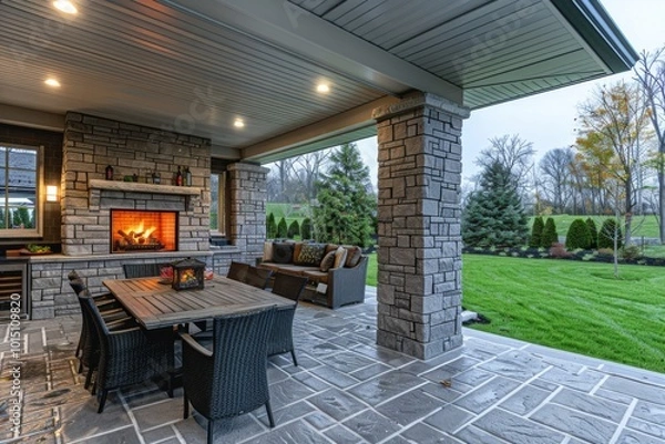 Obraz Outdoor covered patio with stone fireplace, dining table, chairs, built-in kitchenette, green grass, overcast daylight