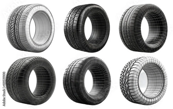 Fototapeta Set of various car tires with detailed tread patterns isolated on transparent background