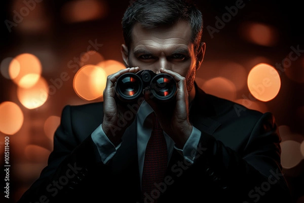 Fototapeta Curious spy agent looking through binoculars in hands. Surveillance. Secret agent.