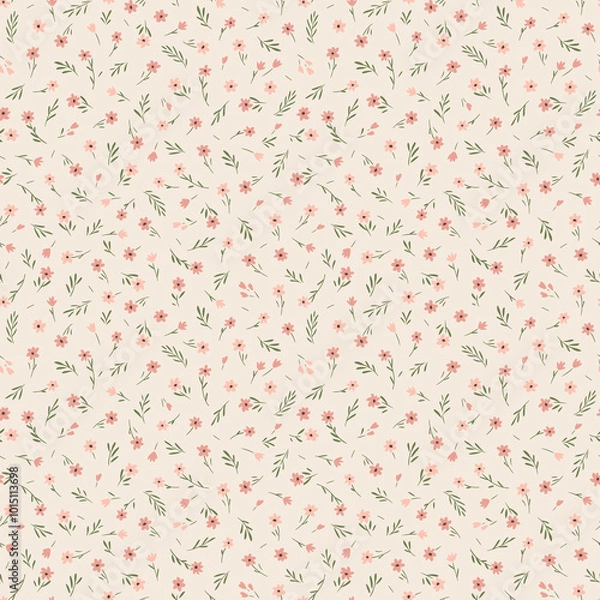 Obraz Cute floral pattern in the small flowers. Seamless vector texture. Gentle template for fashion prints. Printing with small coral pink chamomile flowers. Light ivory background. Stock print.