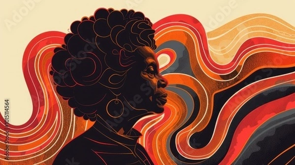 Obraz A captivating vector illustration of an elderly African American woman with curly hair, her head slightly tilted back in contemplation as the wind blows through it