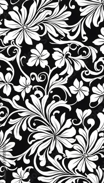 Fototapeta Black and white floral pattern with intricate swirls and leaves.