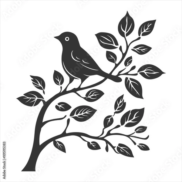 Fototapeta Minimalist Bird Silhouette on Tree Branch with Leaves in Elegant Black and White Vector Design