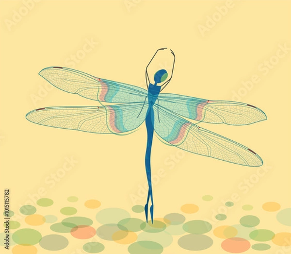 Fototapeta Blue dragonfly dances ballet on a yellow background, stylization, vector