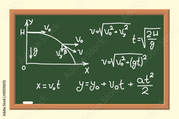 Fototapeta The School Board with with Physics Formulas.. Calculating of the Horizontal Throw. The Poster in a Flat Style. Vector. 3D Illustration