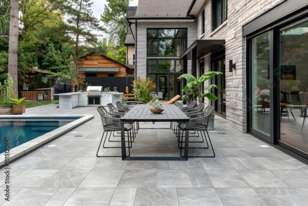 Obraz Grey porcelain pavers creating an elegant outdoor dining area near a swimming pool and house.