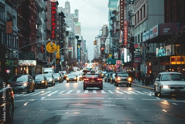 Fototapeta Urban streets at dusk showcasing vibrant local life, ideal for capturing the essence of city hustle and bustle across various locations