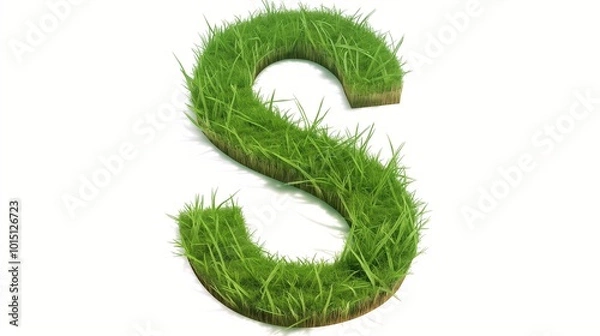 Fototapeta The letter S shaped from a smooth flow of green grass, looking vibrant and full of life, contrasted against a stark white background.