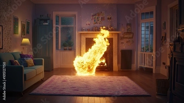 Fototapeta A lit fireplace in a modern living room, with the fire spreading dangerously. The scene captures the potential hazard of fire in a house.