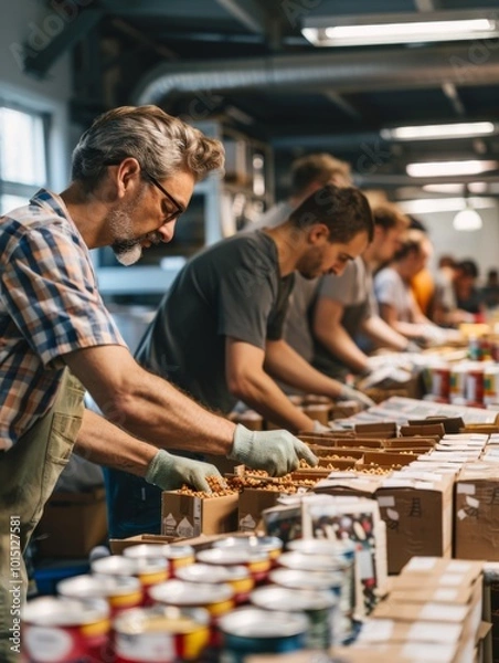 Fototapeta Volunteers collaborate at a humanitarian aid facility to sort and package essential food kits for those in need