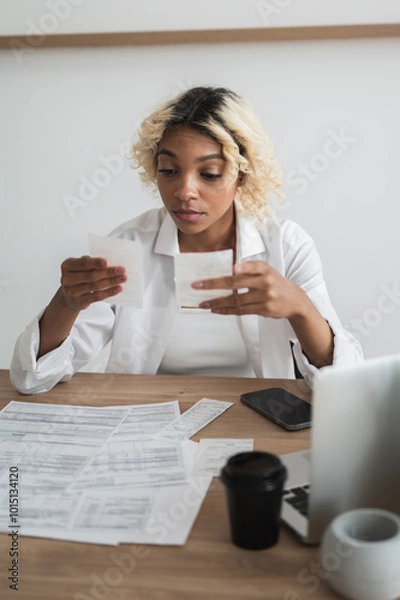 Obraz shocked woman looking at the bills to pay. Expenses,credit card statements. Debt,bankruptcy, loan concept