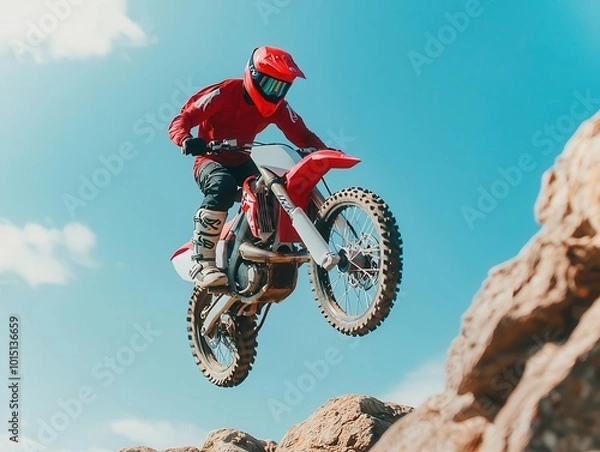 Obraz Motocross biker in mid-air performing a trick above a rocky cliff, intense focus, motocross, trick, cliff
