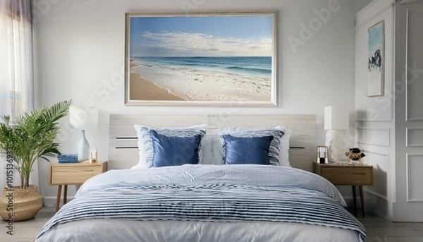 Fototapeta  Sophisticated coastal bedroom with whitewashed wooden furniture, light gray walls, and a nav
