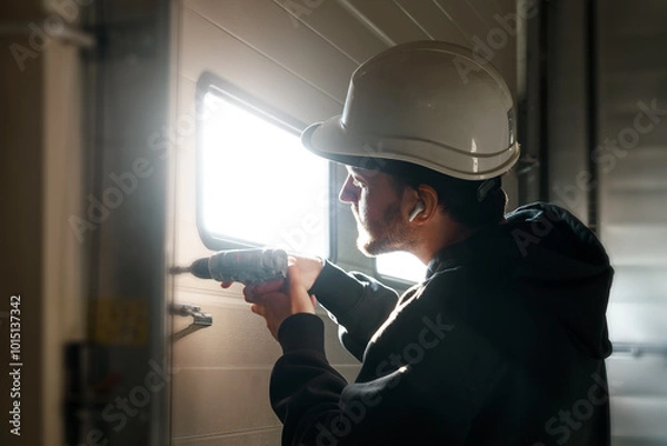 Fototapeta Engineer repairing an unloading gate