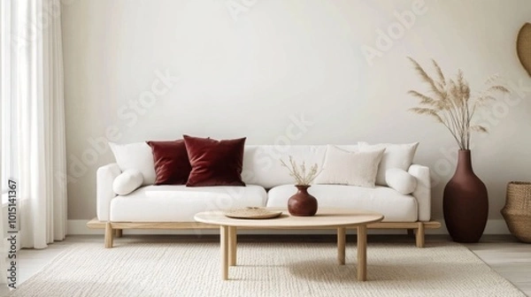 Fototapeta A white couch with red velvet throw pillows sits in front of a blank white wall. There is a large brown vase with dried grass beside it