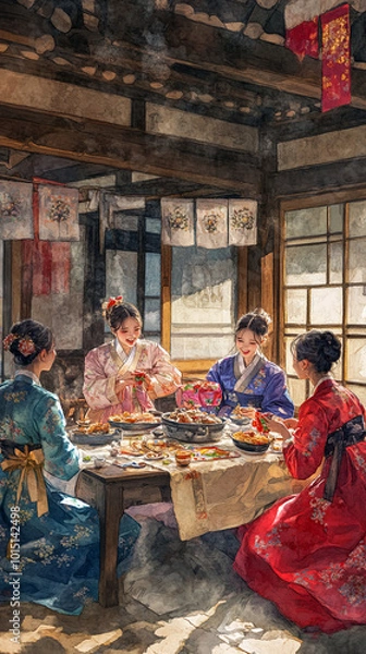 Obraz traditional Korean lunar new year celebration Seollal background eating and exchanging gifts in hanok