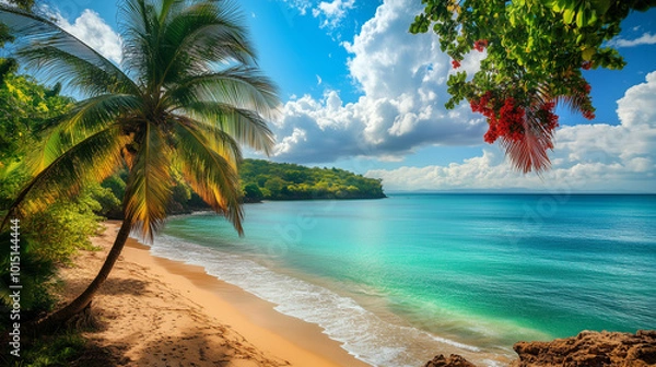 Obraz Na pięknej plaży, otoczonej palmami, turkusowe morze błyszczy w słońcu, tworząc niezwykłą panoramę.