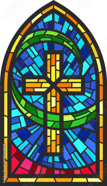 Fototapeta Church glass window. Gothic cathedral color stained frame. Catholic vintage architecture religion mosaic element