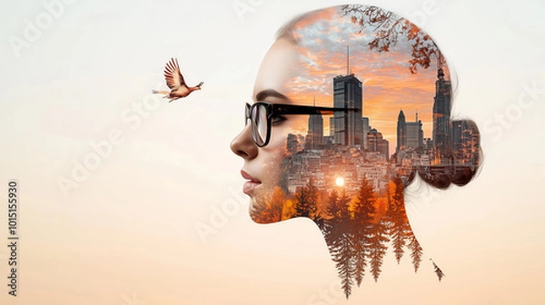 Fototapeta A stunning double exposure portrait combining a woman's profile with a vibrant urban skyline and serene nature elements, creating a captivating blend of beauty and tranquility.