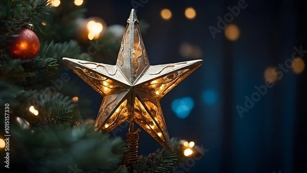 Obraz Golden Star Tree Topper Shining Bright on a Beautifully Decorated Christmas Tree Amidst Festive Lights