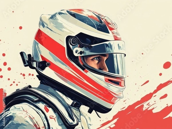 Obraz Race Day Focus: A racer's determined gaze through their helmet visor, the red and white stripes a blur of speed and adrenaline. This illustration captures the intensity and dedication of motorsport.
