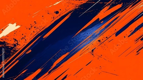 Fototapeta Abstract background with diagonal blue and orange brush strokes and splatters.