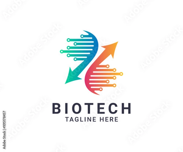 Obraz Biotech development logo icon vector template design for healthcare and medical services. Genetics and dna helix symbol with arrow growth icon for biotechnology development logo.