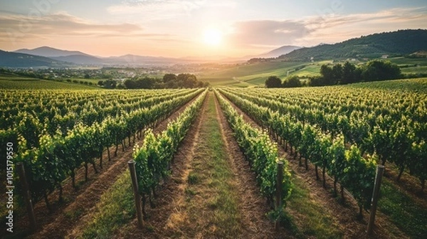 Fototapeta Vineyard rows leading to sunset over hills.