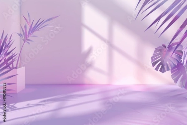 Obraz An artistic summer concert backdrop featuring a soft pink color gradient with floral shadows and palm leaves for product showcasing