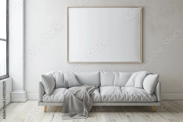Obraz Minimalist living room with a white sofa and blank frame on the wall, modern interior design.