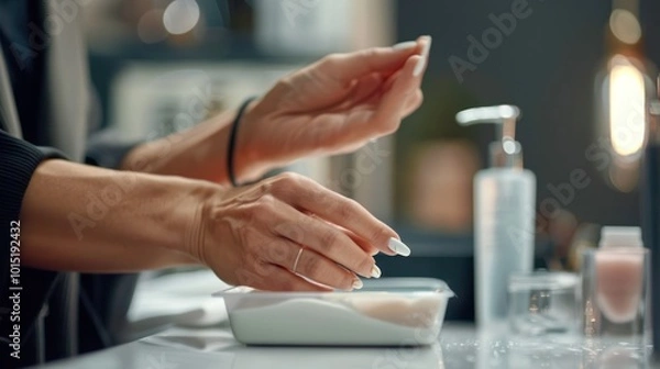 Obraz Woman's Hand Reaching for White Powder in a Plastic Container
