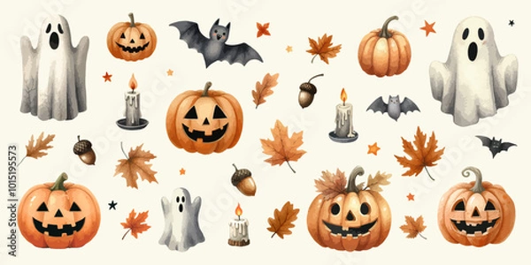 Fototapeta Watercolor Halloween elements and pumpkins on the white background.