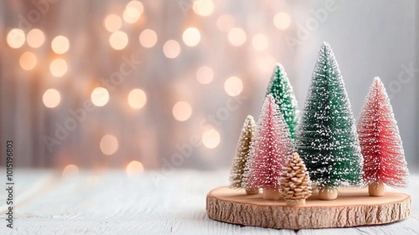 Fototapeta Minimalist Red and Green Christmas Trees with Snow Dusting