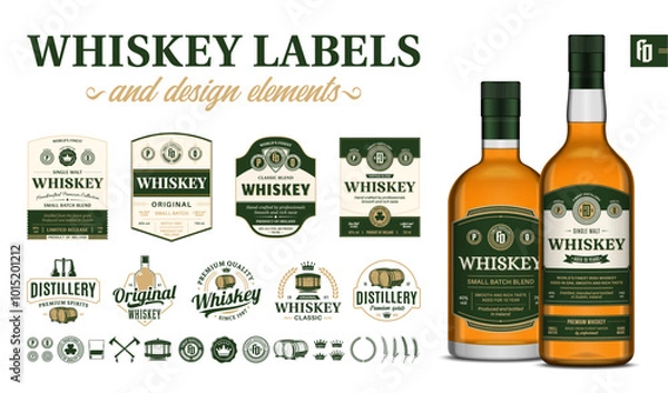 Fototapeta Vector green and beige premium quality whiskey labels. Realistic whiskey glass bottle mockups. Distillery branding and identity design elements