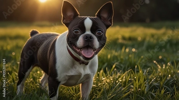 Fototapeta A happy Boston Terrier dog in a field of grass at sunset, with its tongue out and ears perked up.