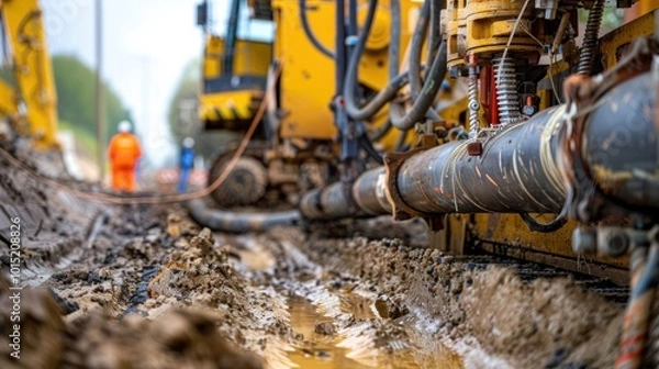 Fototapeta Close-up of Construction Machinery and Pipeline During Excavation