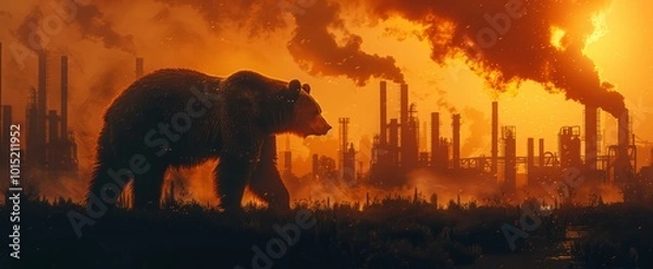 Fototapeta A bear roams through a desolate area filled with billowing smoke and industrial structures against a stunning sunset backdrop