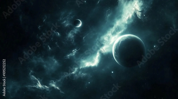 Fototapeta A lone planet in a dark and stormy space with swirling clouds.