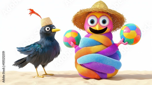 Fototapeta A colorful, fuzzy creature in a straw hat holds a beach ball, beside a blue bird in a hat.