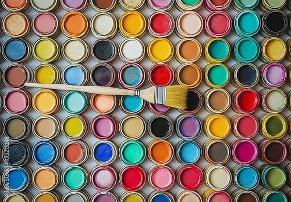 Fototapeta A pattern of many paint cans with different colors, each containing vibrant and colorful paints inside. A brush is placed on bucket.